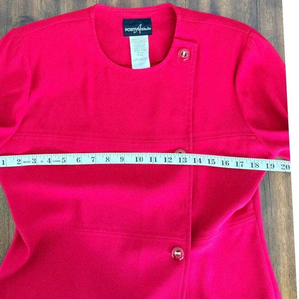 Vintage Red 2 Piece Pant Suit‎ Asymmetrical Button Blazer Pleated Trousers 1980s